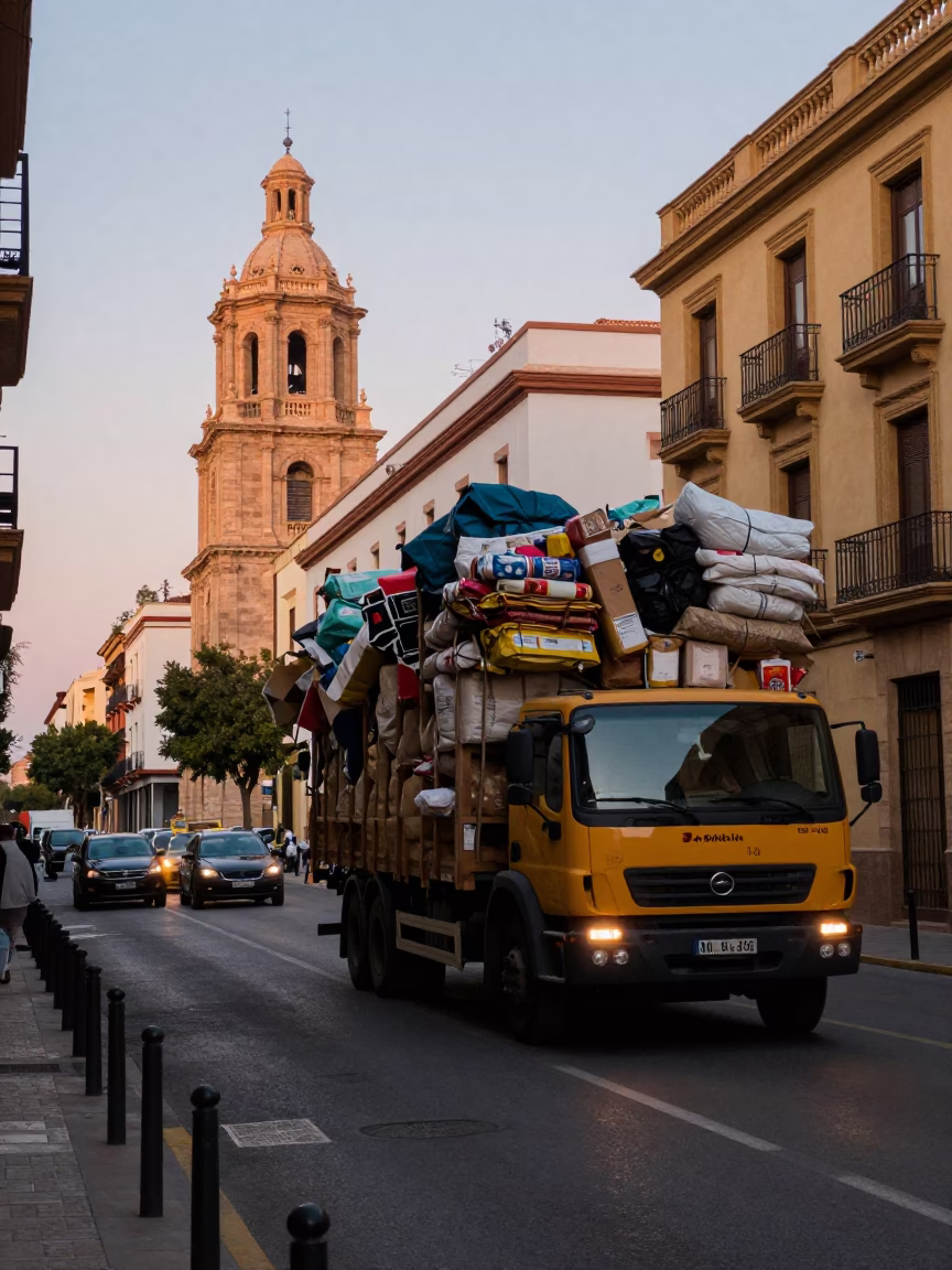 Early Evening Street Scene in Valencia Spain with Overloaded Truck and Folding Stools in in Valencia, Spain