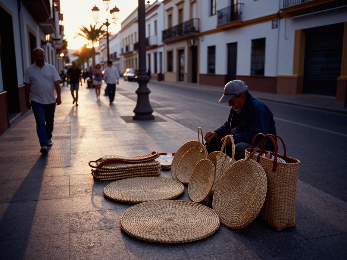 Early Evening Street Scene in Valencia Spain with Woven Mats and Tree Shadows in in Valencia, Spain