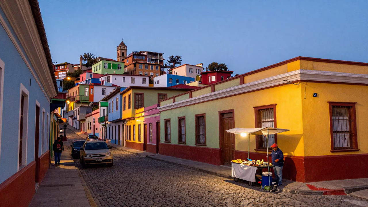 Early Evening Street Scene in Valparaiso Chile with Colorful Architecture and Local Life in in Valparaiso, Chile