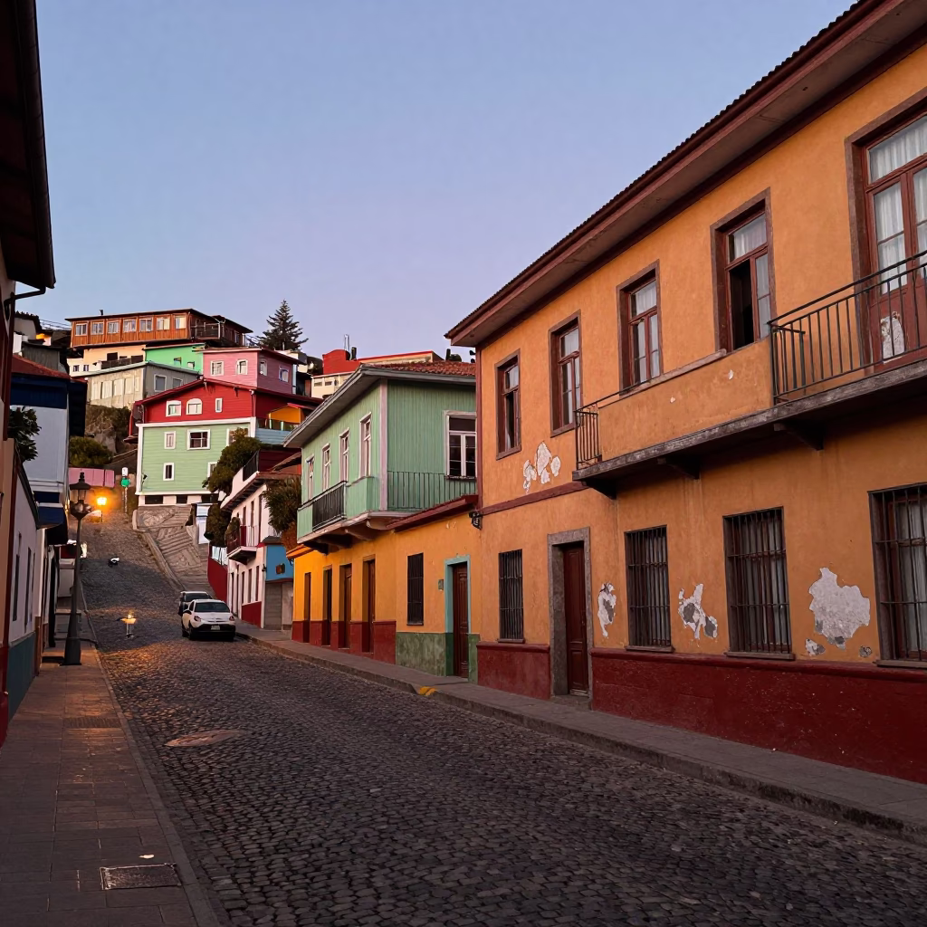 Early Evening Street Scene in Valparaiso Chile with Colorful Facades and Local Life in in Valparaiso, Chile