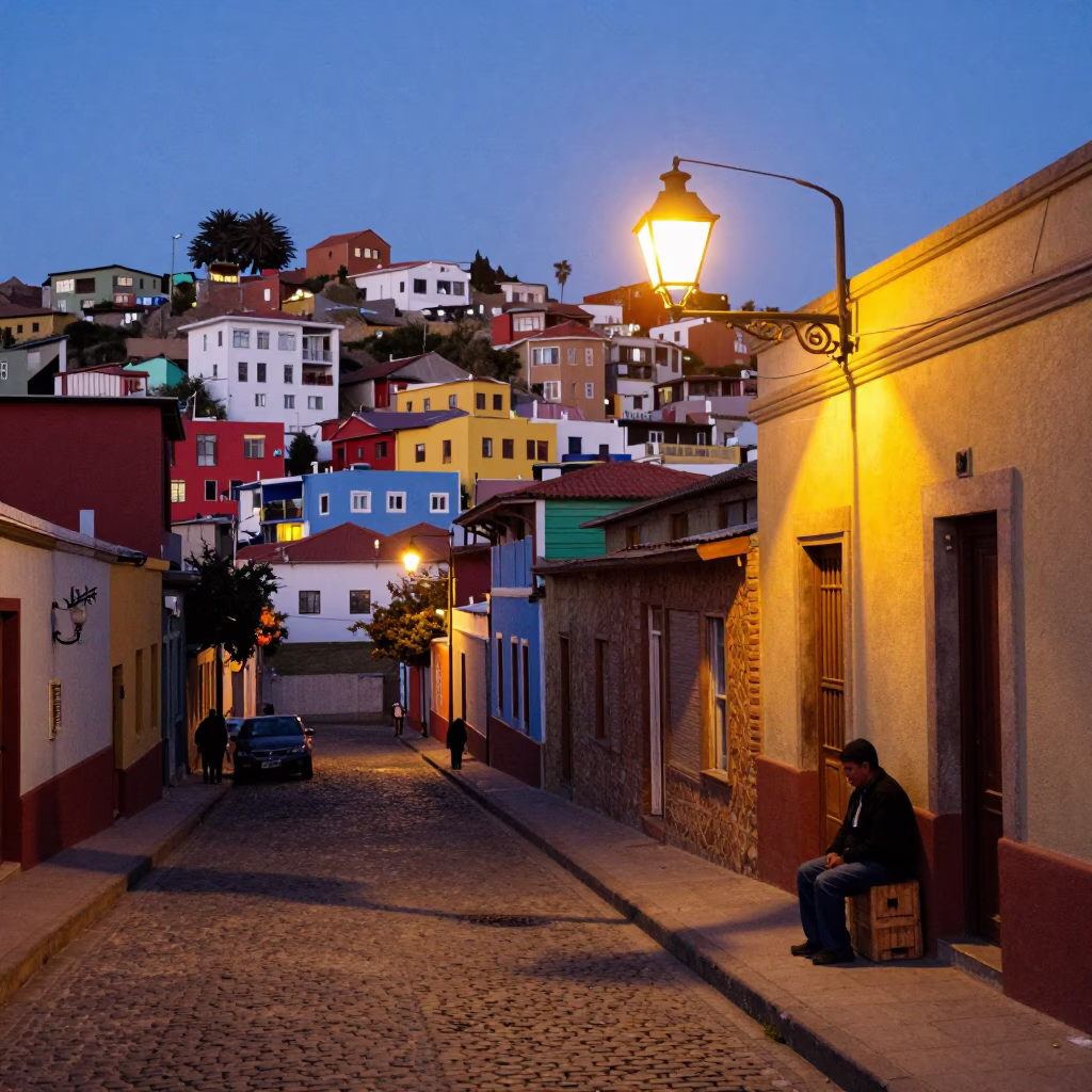 Early Evening Street Scene in Valparaiso Chile with Lantern Light in in Valparaiso, Chile
