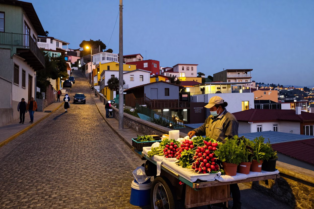 Early Evening Street Scene in Valparaiso Chile with Local Food and Colorful Architecture in in Valparaiso, Chile
