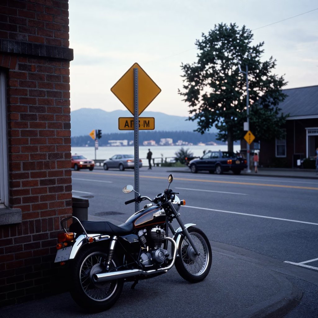 Early Evening Street Scene in Vancouver British Columbia with Motorcycle and Urban Details in in Vancouver, British Columbia, Canada