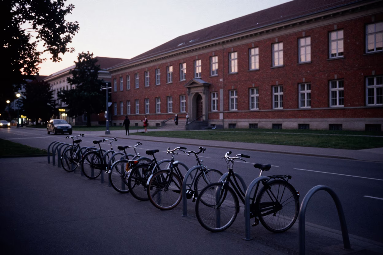 Early Evening Street Scene in Vienna Austria with Bicycle Rack and Brick Architecture in in Vienna, Austria