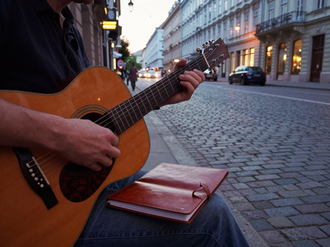 Early Evening Street Scene in Vienna Austria with Guitar and Notebook in in Vienna, Austria