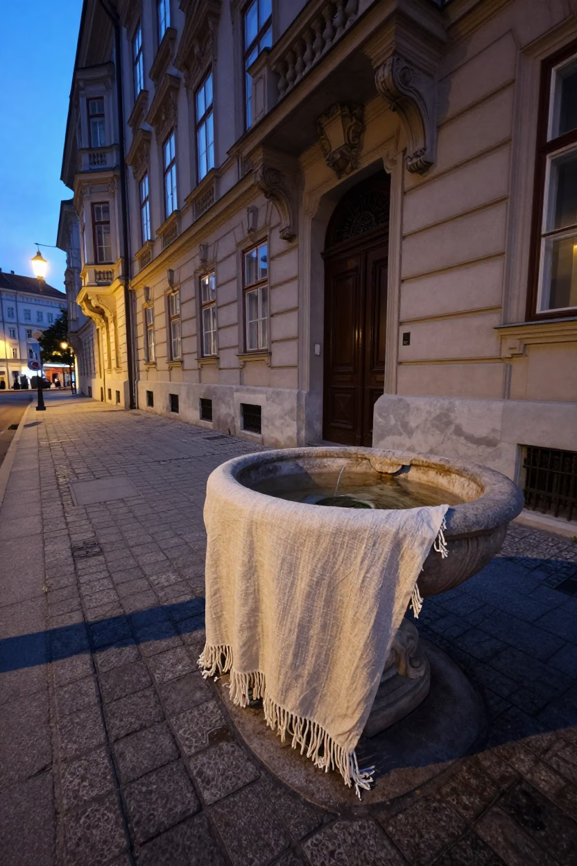 Early Evening Street Scene in Vienna Austria with Linen Fringe Basin and Glass Runner in in Vienna, Austria