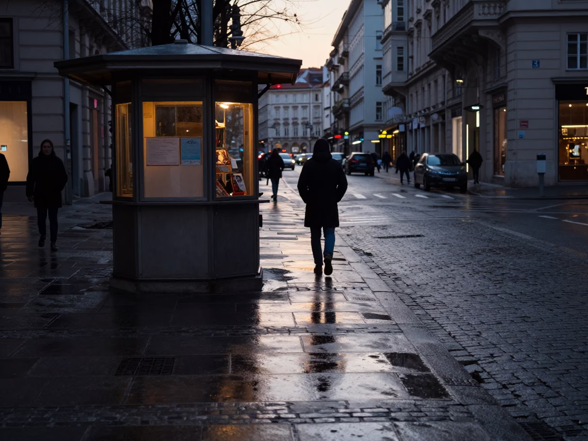 Early Evening Street Scene in Vienna Austria with Shallow Reflection on Brushed Steel in in Vienna, Austria