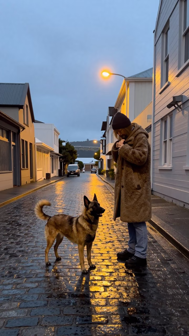 Early Evening Street Scene in Wellington New Zealand with Belgian Sheepdog on Cobblestone in in Wellington, New Zealand