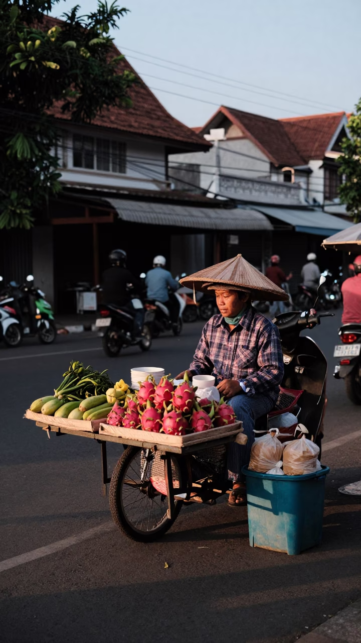Early Evening Street Scene in Yogyakarta Indonesia with Dragon Fruit Vendor in in Yogyakarta, Indonesia