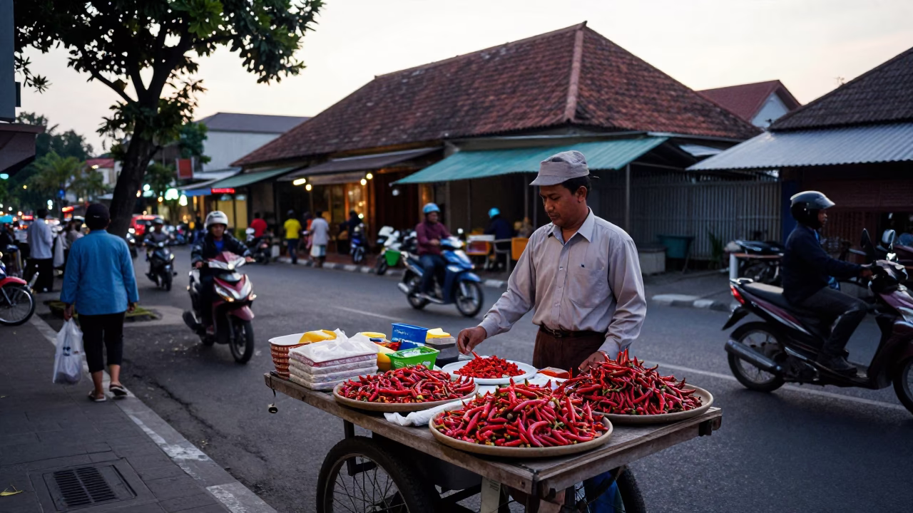 Early Evening Street Scene in Yogyakarta Indonesia with Local Vendor and Colorful Market Details in in Yogyakarta, Indonesia