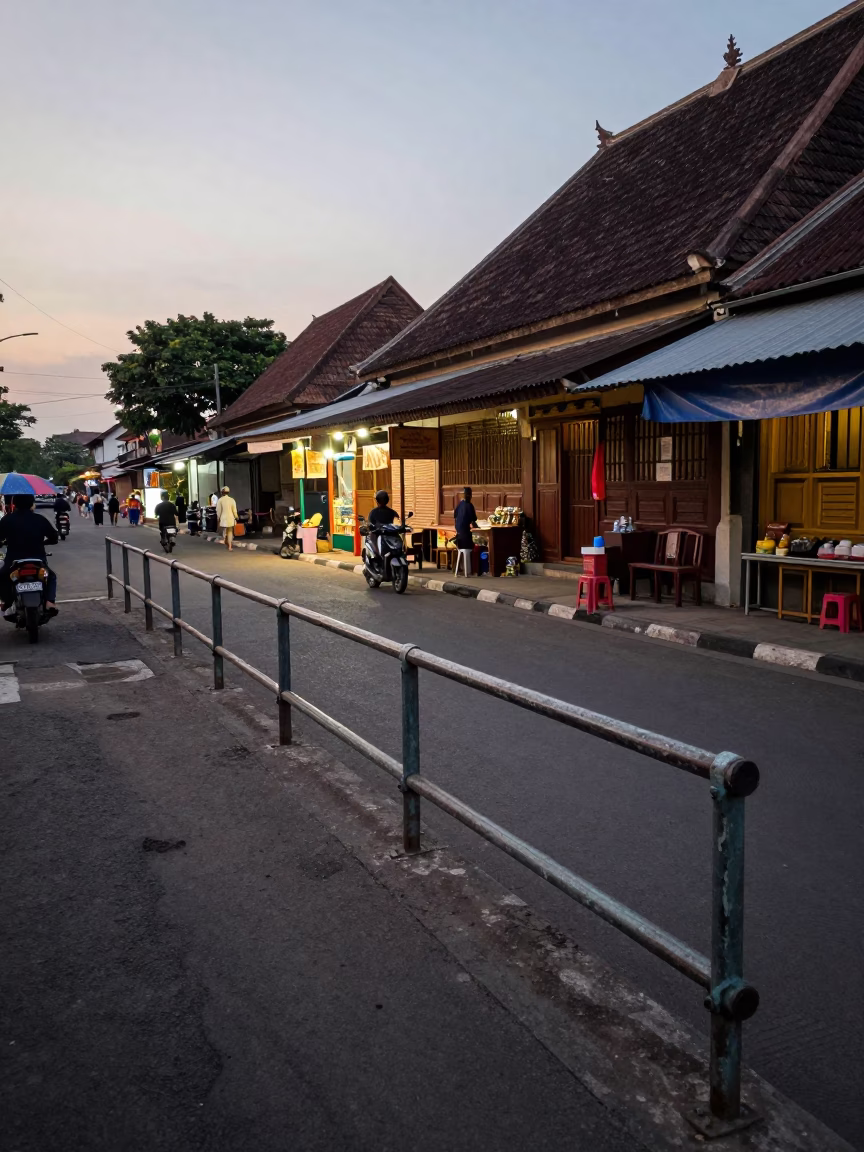 Early Evening Street Scene in Yogyakarta Indonesia with Peg Rails and Local Life in in Yogyakarta, Indonesia