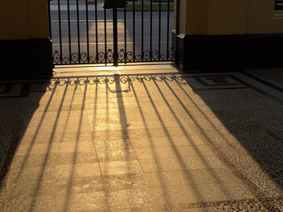 Early Evening Sunlight Stripes Across Heritage Floor Tiles in Adelaide South Australia Street Scene in in Adelaide, South Australia, Australia