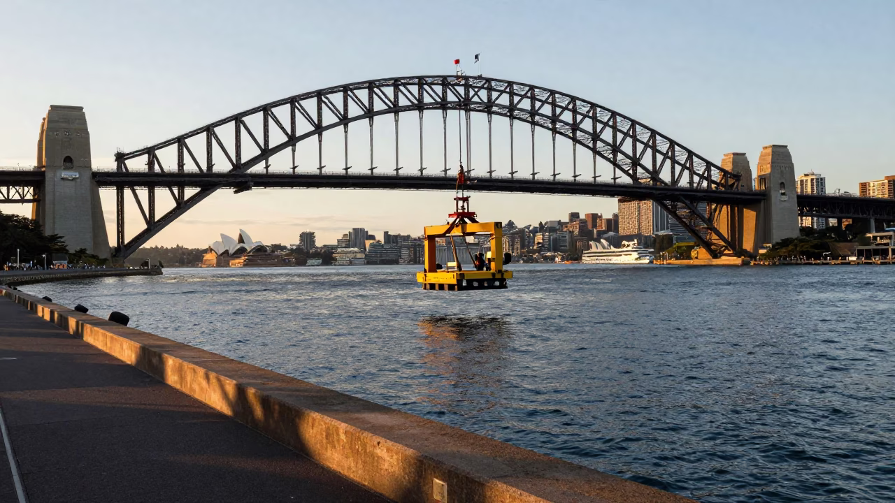 Early Evening Sydney Harbor Bridge Maintenance Cradle and Steel Cup on Wharf in in Sydney, New South Wales, Australia