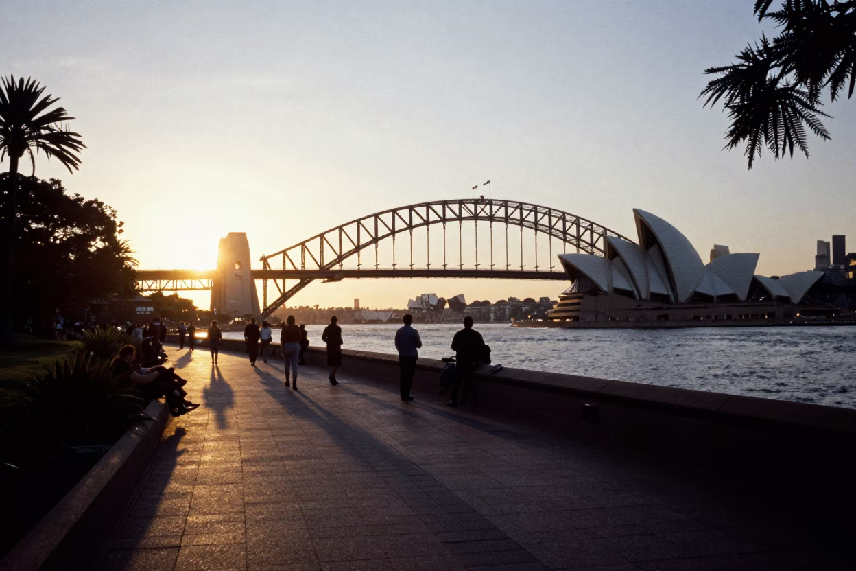 Early Evening Sydney Harbour Bridge and Opera House Silhouette with Coastal Walkway in in Sydney, New South Wales, Australia