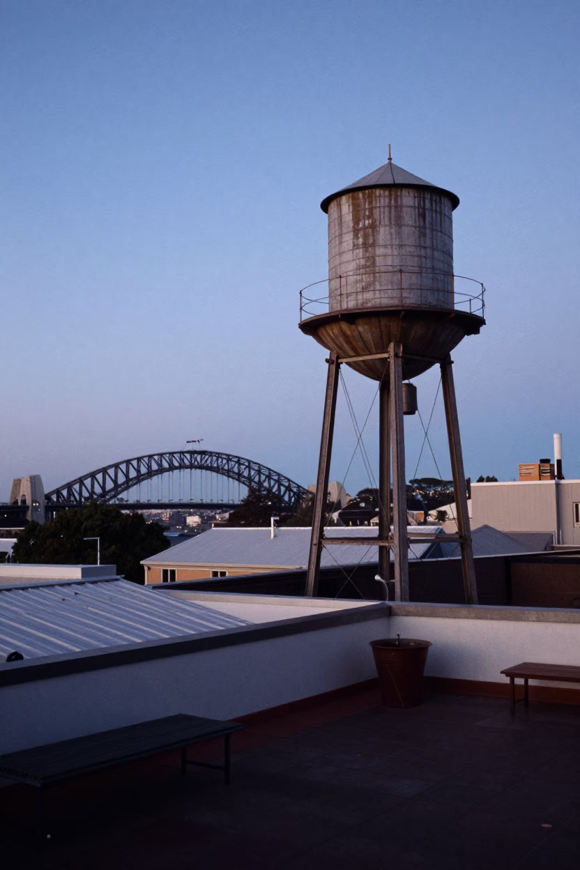 Early Evening Sydney Rooftop View with Water Tower and Terracotta Pots in in Sydney, New South Wales, Australia