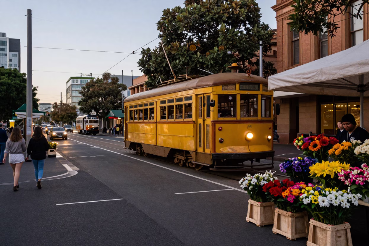 Early Evening Sydney Street Scene with Tram and Flower Market Stop in in Sydney, New South Wales, Australia