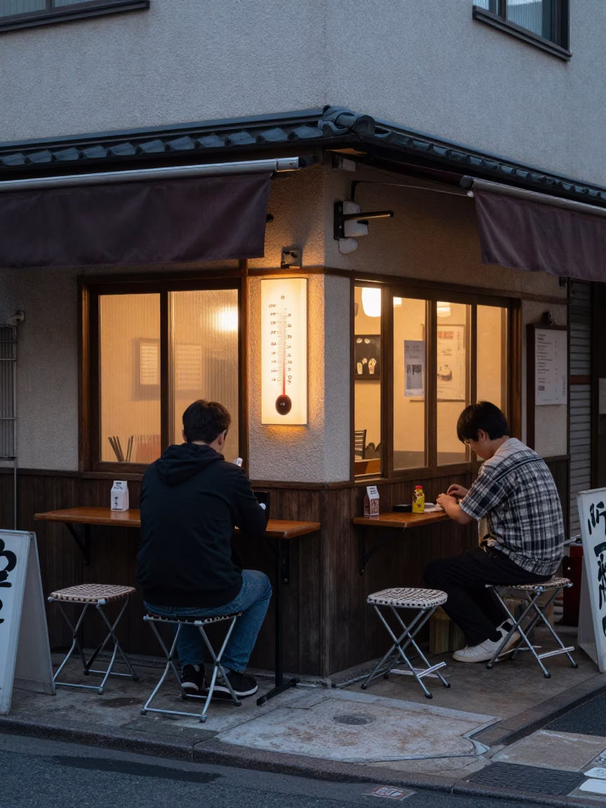 Early Evening Tokyo Street Scene with Folding Stools and Cable-Stayed Bridge View in in Tokyo, Japan