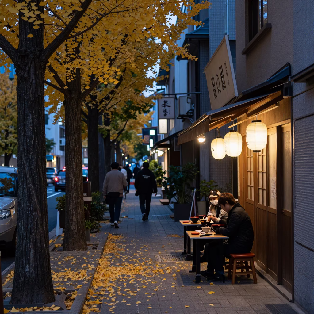 Early Evening Tokyo Street Scene with Ginkgo Leaves and Casual Diners in in Tokyo, Japan