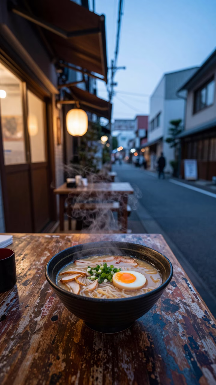 Early Evening Tokyo Street Scene with Ramen Bowl and Urban Details in in Tokyo, Japan