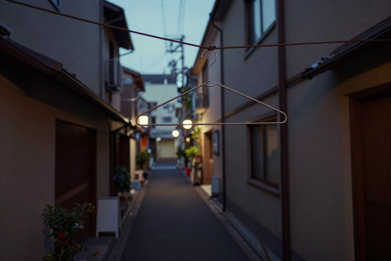 Early Evening Tokyo Street Scene with Shirt Hanger and Substation Road Puddle Reflections in in Tokyo, Japan