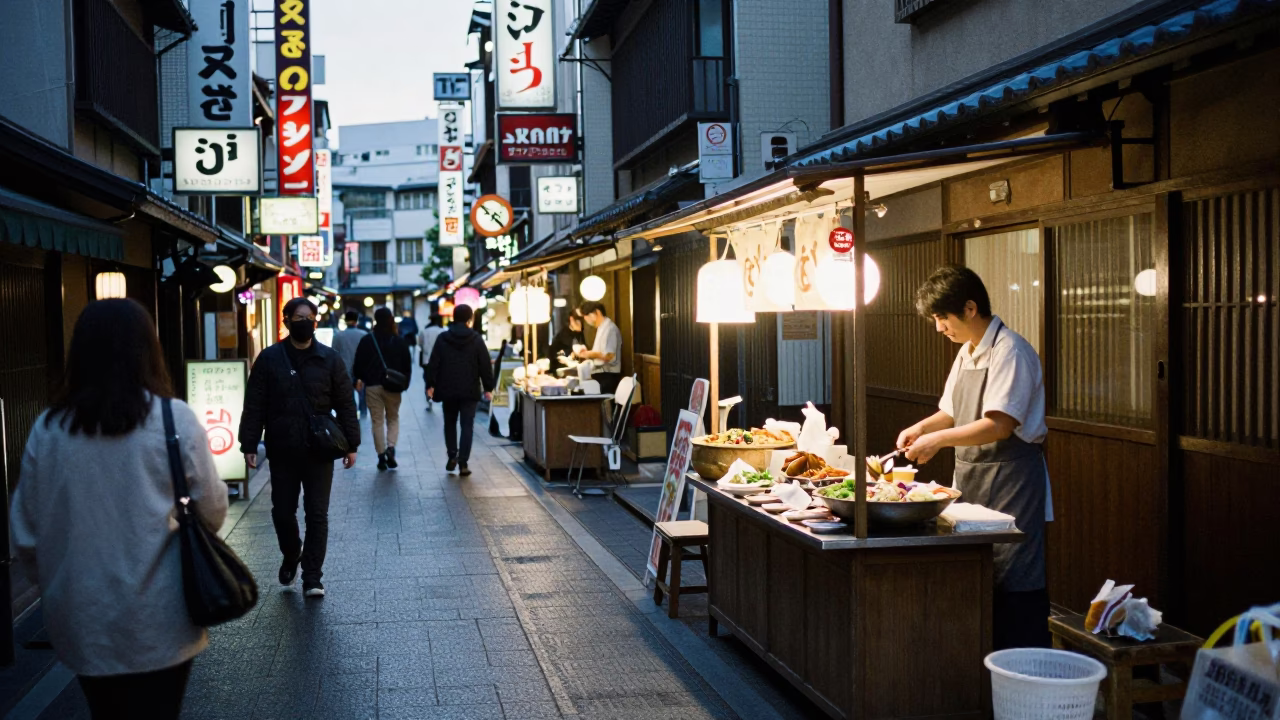 Early Evening Tokyo Street Scene with Traditional Food and Urban Atmosphere in in Tokyo, Japan