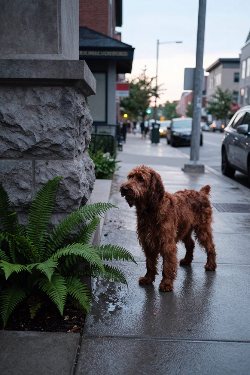 Early Evening Toronto Street Scene with Irish Water Spaniel and Viaduct Undercroft Details in in Toronto, Ontario, Canada