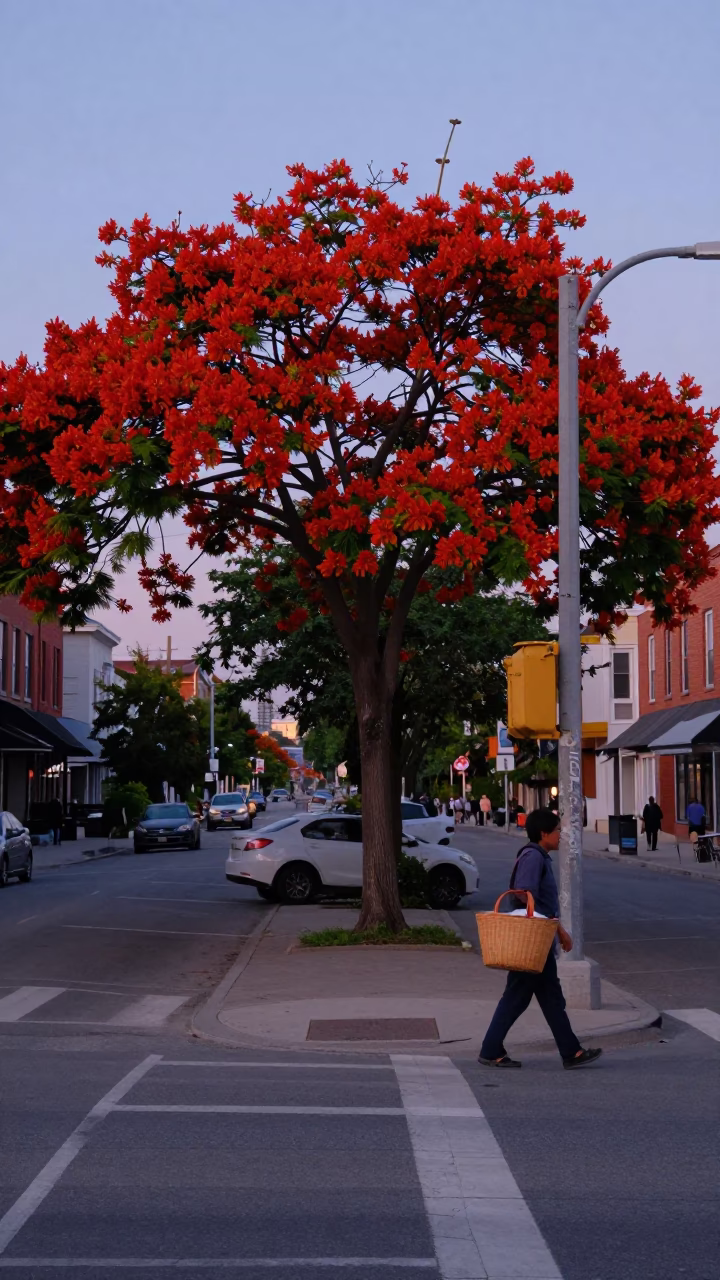 Early Evening Toronto Street Scene with Red Flame Tree and Urban Details in in Toronto, Ontario, Canada