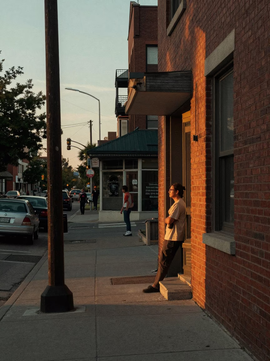 Early Evening Toronto Street Scene with Vintage 1970s Aesthetic and Urban Details in in Toronto, Ontario, Canada