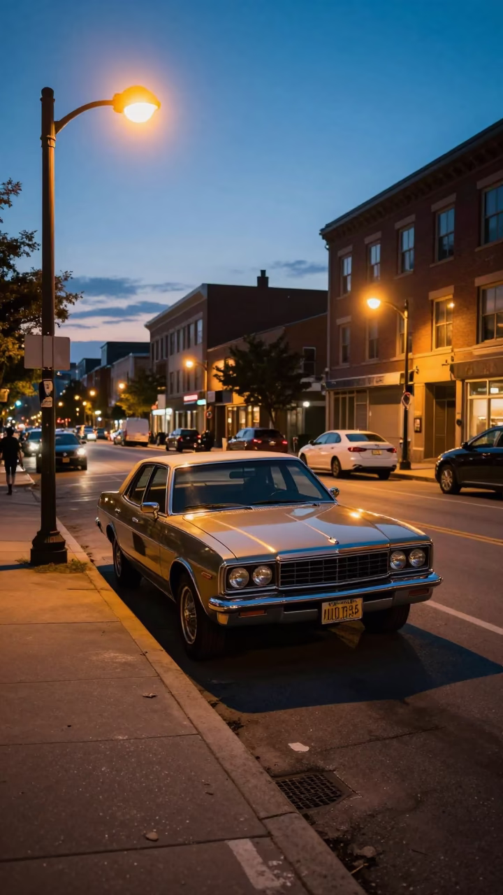 Early Evening Toronto Street Scene with Vintage Cars and Urban Architecture in in Toronto, Ontario, Canada