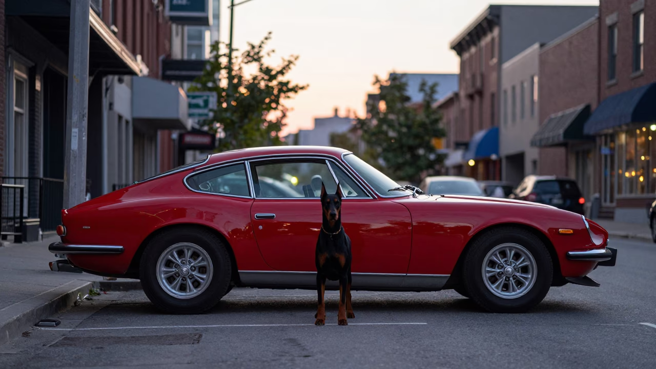 Early Evening Toronto Street Scene with Vintage Sports Car and Doberman Pinscher in in Toronto, Ontario, Canada