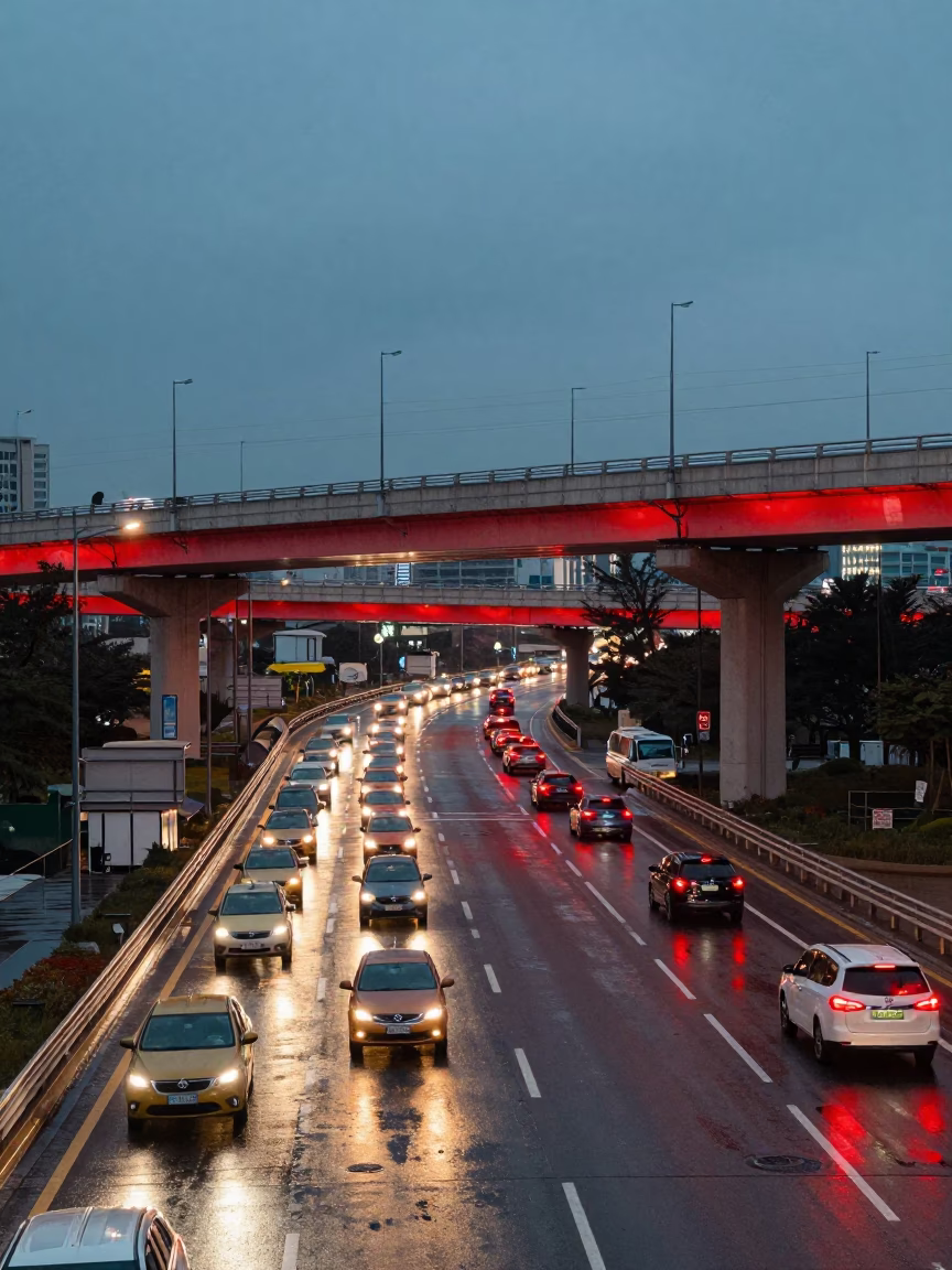 Early Evening Traffic Flow on Busan Overpass Interchange After Rain in in Busan, South Korea