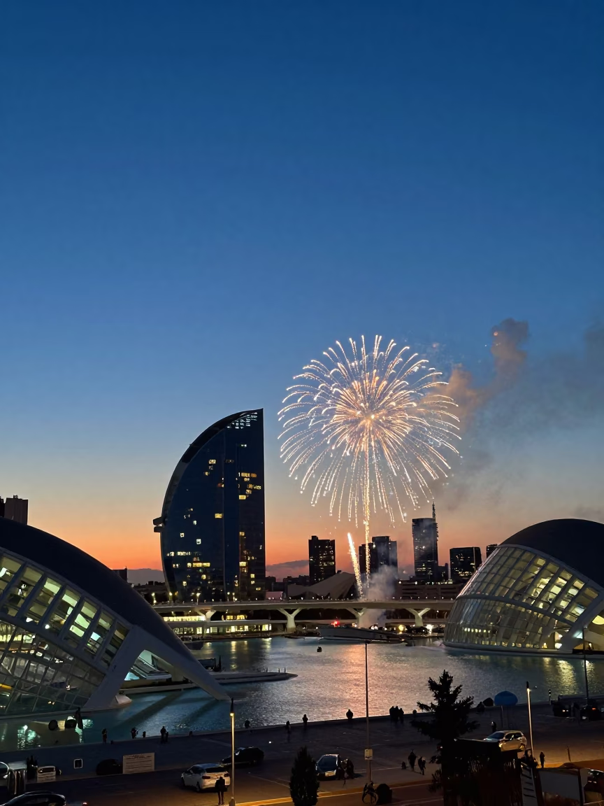 Early Evening Valencia Harbor Skyline with Fireworks Celebration in in Valencia, Spain