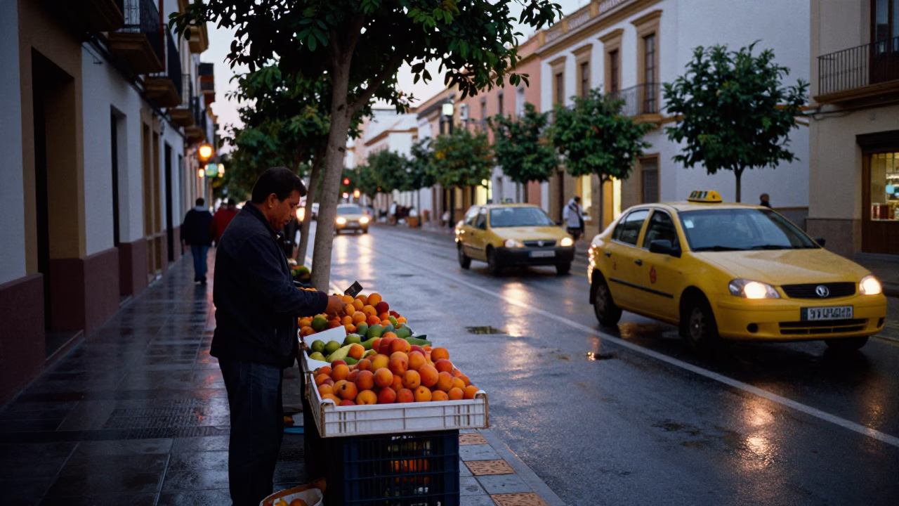 Early Evening Valencia Street Scene with Apricots and Local Market Life in in Valencia, Spain