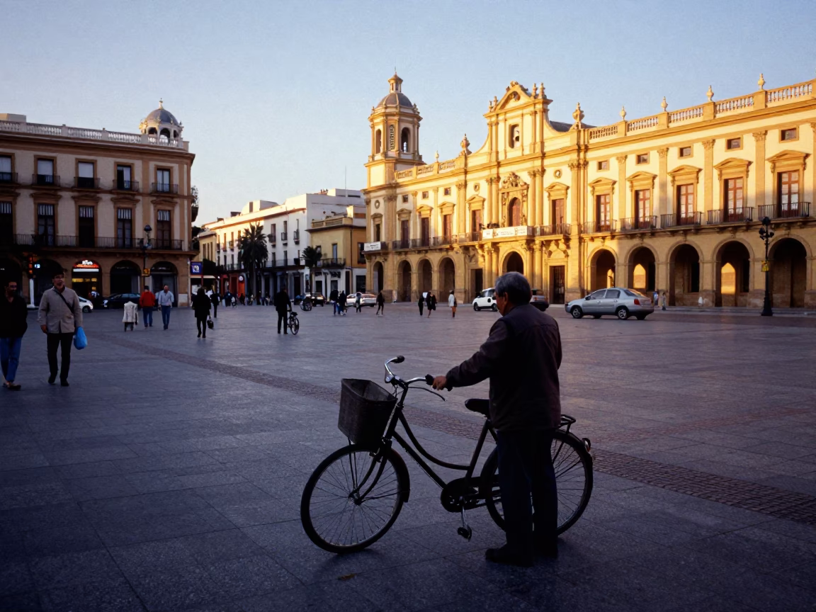 Early Evening Valencia Street Scene with Bicycle Basket and Brass Handle Details in in Valencia, Spain