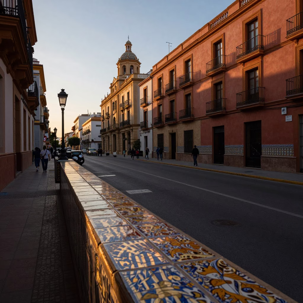 Early Evening Valencia Street Scene with Ceramic Tiles and Wicker Shadows in in Valencia, Spain