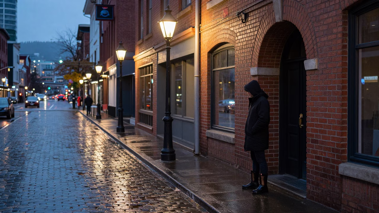 Early Evening Vancouver Street Scene with Rain Boots and Ceramic Mugs in in Vancouver, British Columbia, Canada