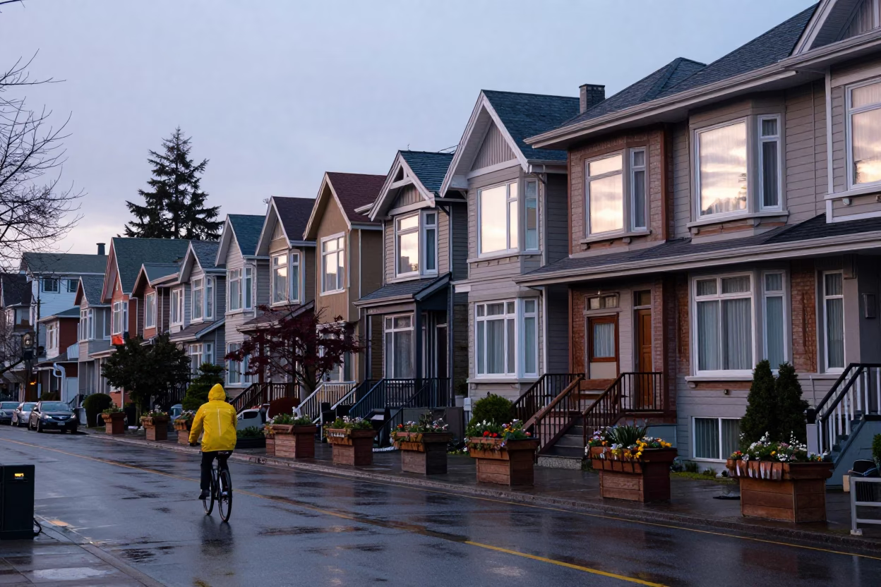 Early Evening Vancouver Street Scene with Window Boxes and Pedestrians in in Vancouver, British Columbia, Canada