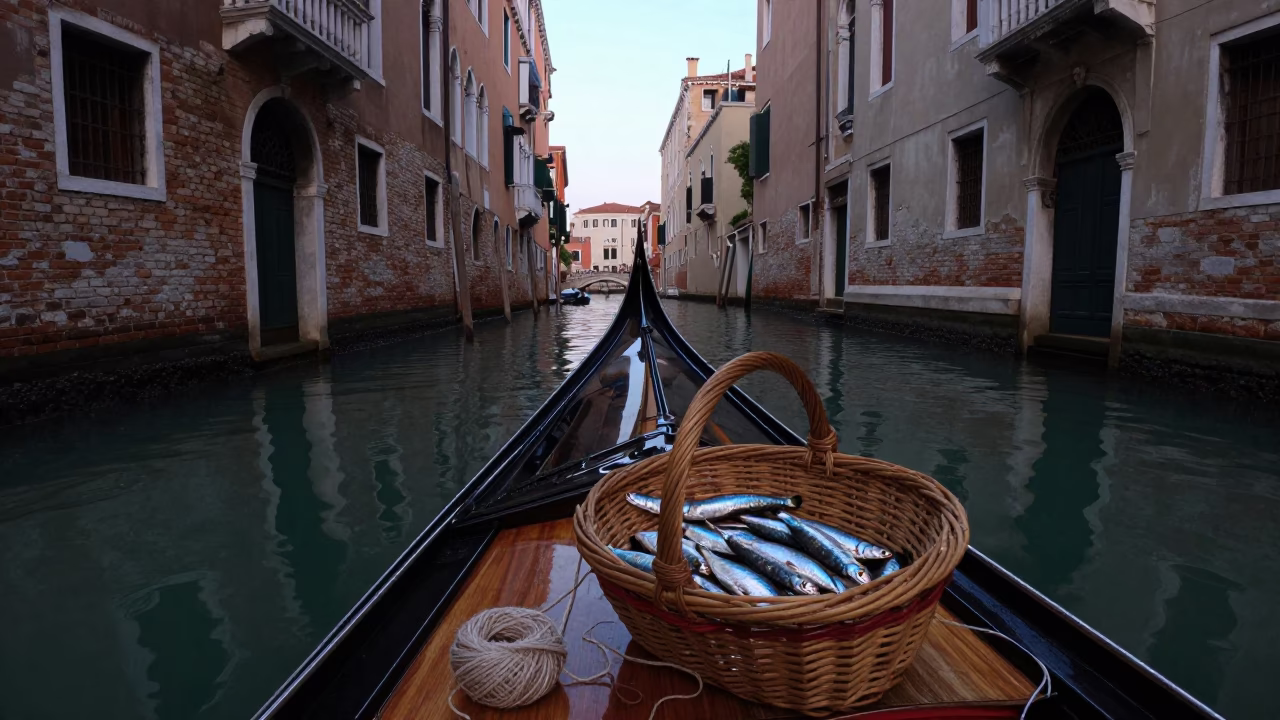 Early Evening Venice Canal Scene with Sardines and Twine Hinge Details in in Venice, Italy