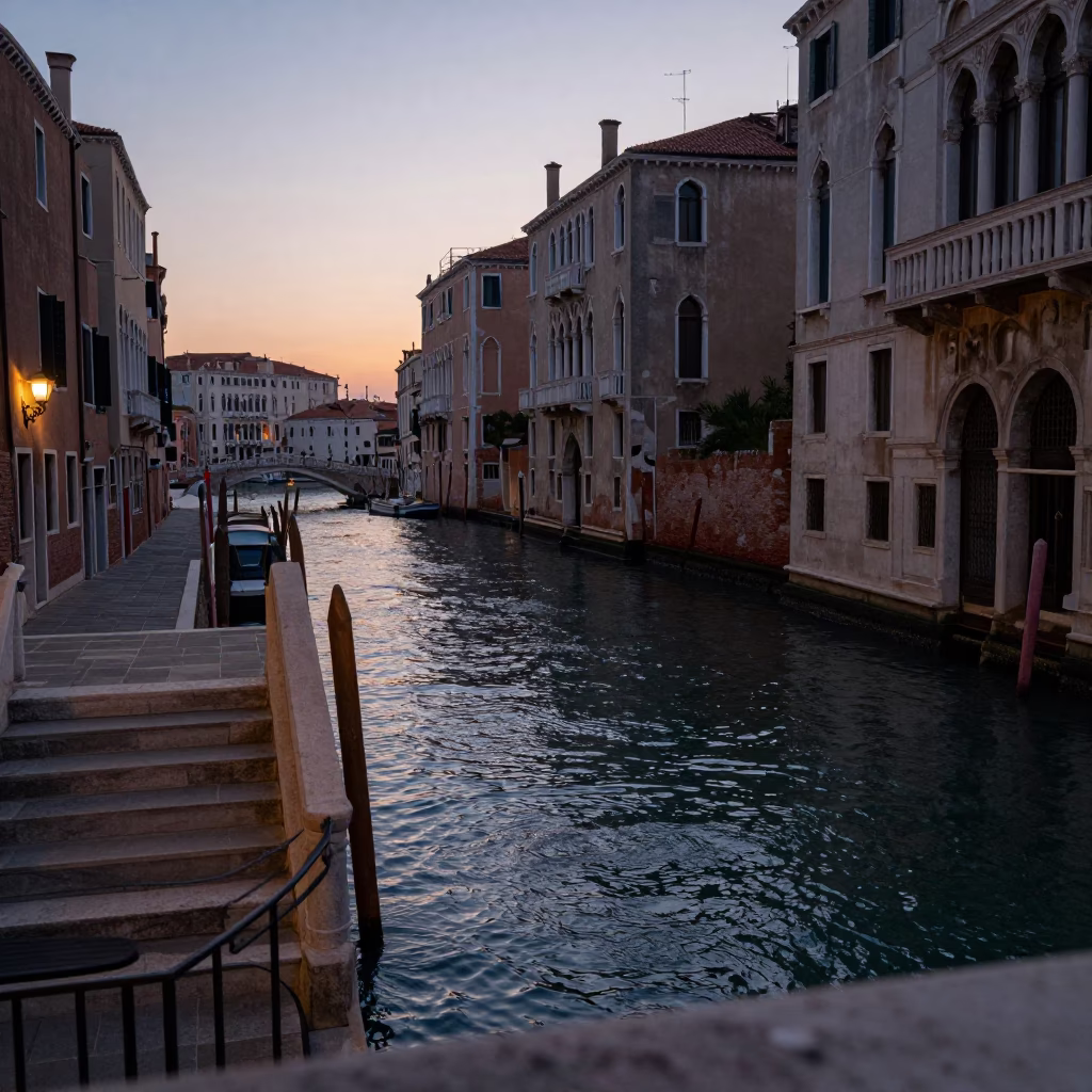 Early Evening Venice Italy Canalside Stairs and Water Ripples on Window Frame in in Venice, Italy