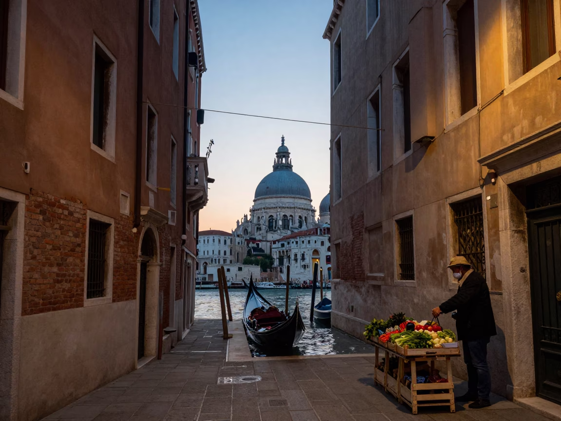 Early Evening Venice Street Scene with Gondola Lift and Local Life in in Venice, Italy