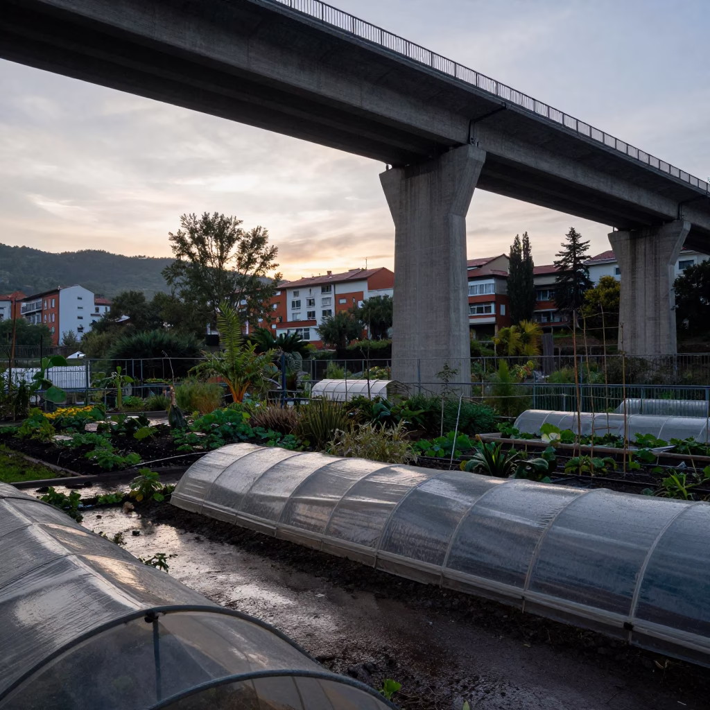 Early Evening Viaduct Shadow Over Bilbao Allotment Gardens After Rain in in Bilbao, Spain