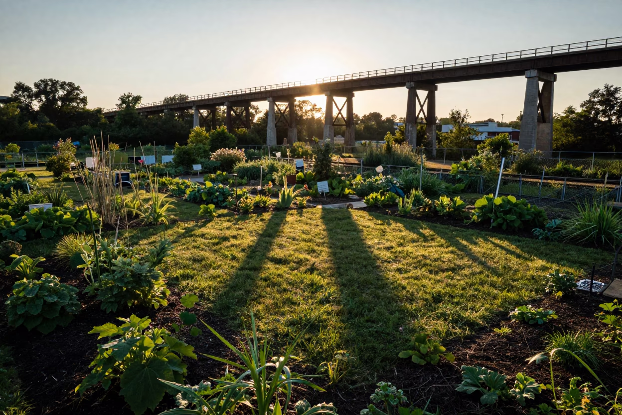 Early Evening Viaduct Shadow Over Nashville Allotment Gardens and Rain-Washed Vegetables in in Nashville, Tennessee, United States
