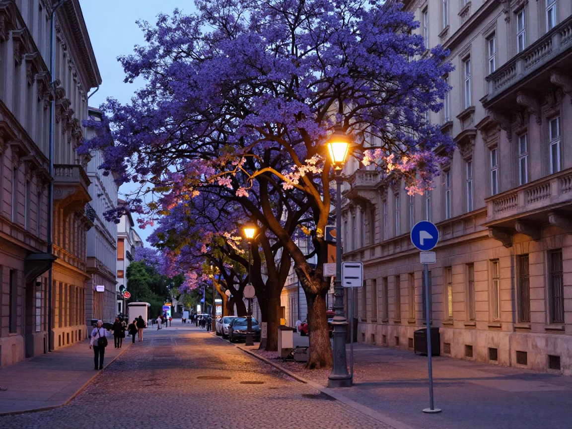 Early Evening Vienna Street Scene with Jacaranda Tree and Local Pedestrians in in Vienna, Austria