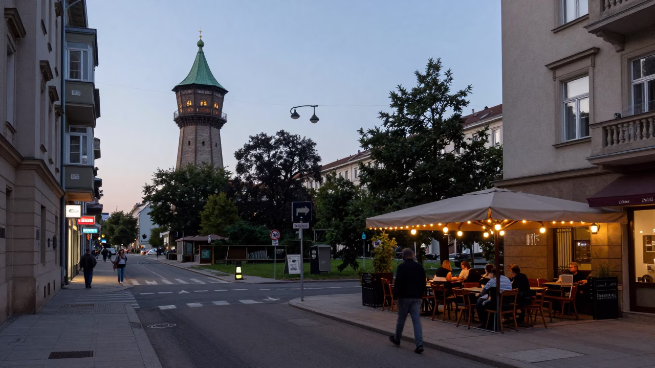 Early Evening Vienna Street Scene with Water Tower and Local Life in in Vienna, Austria