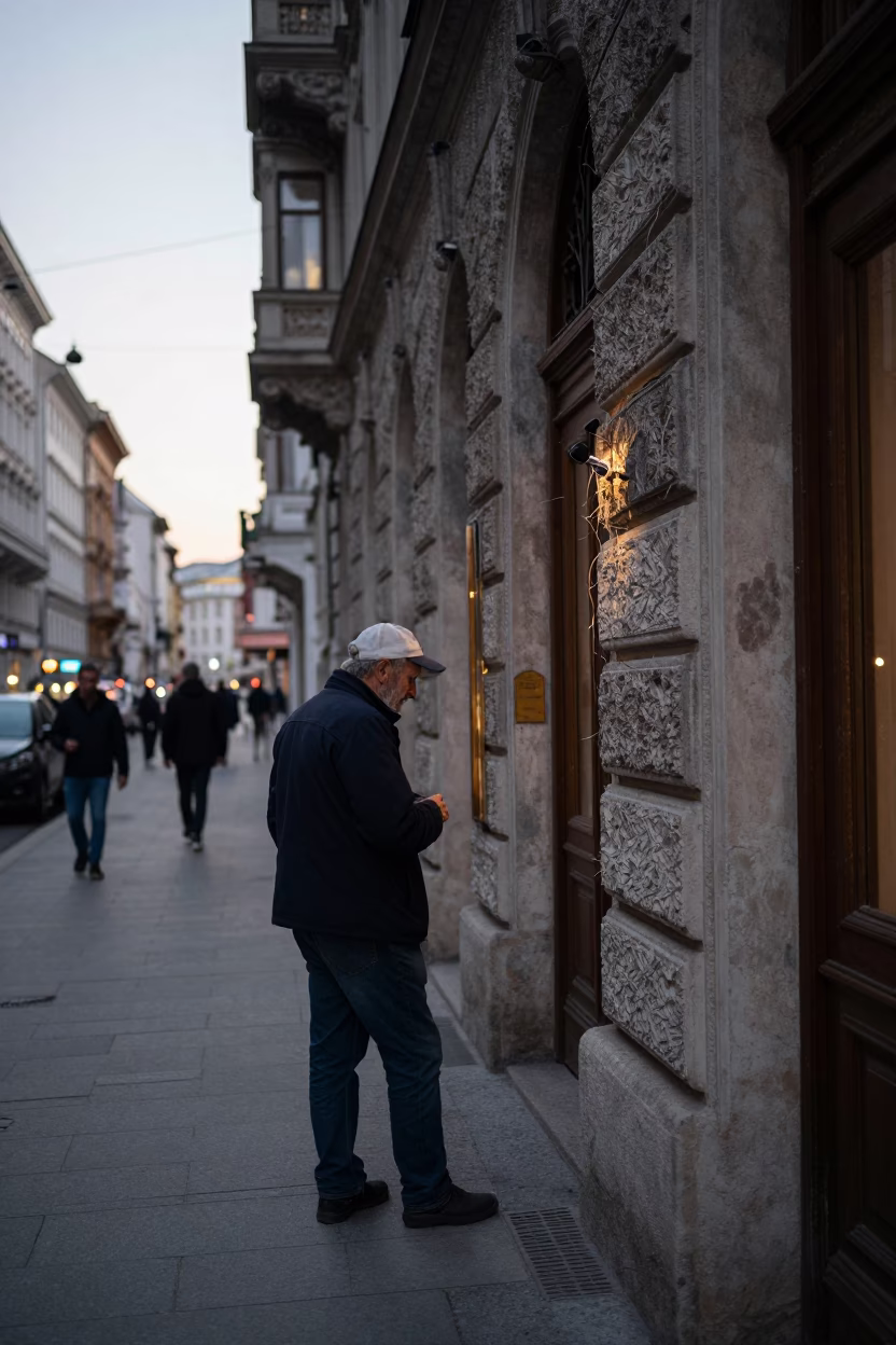 Early Evening Vienna Street Scene with Worker and Old Building Details in in Vienna, Austria