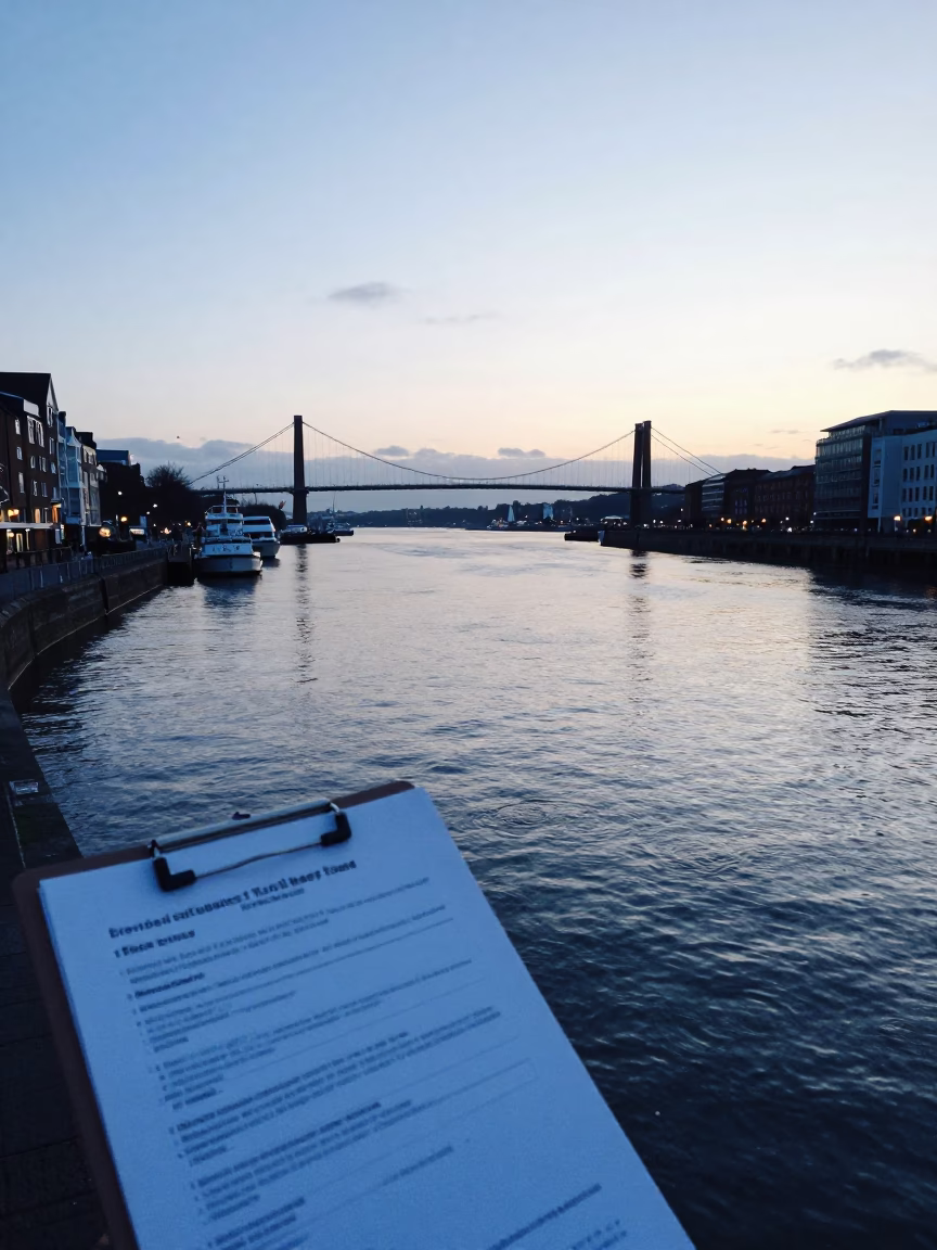 Early Evening View of Bristol Harbour Waterfront with Clipboard and Turnbuckle Details in in Bristol, United Kingdom