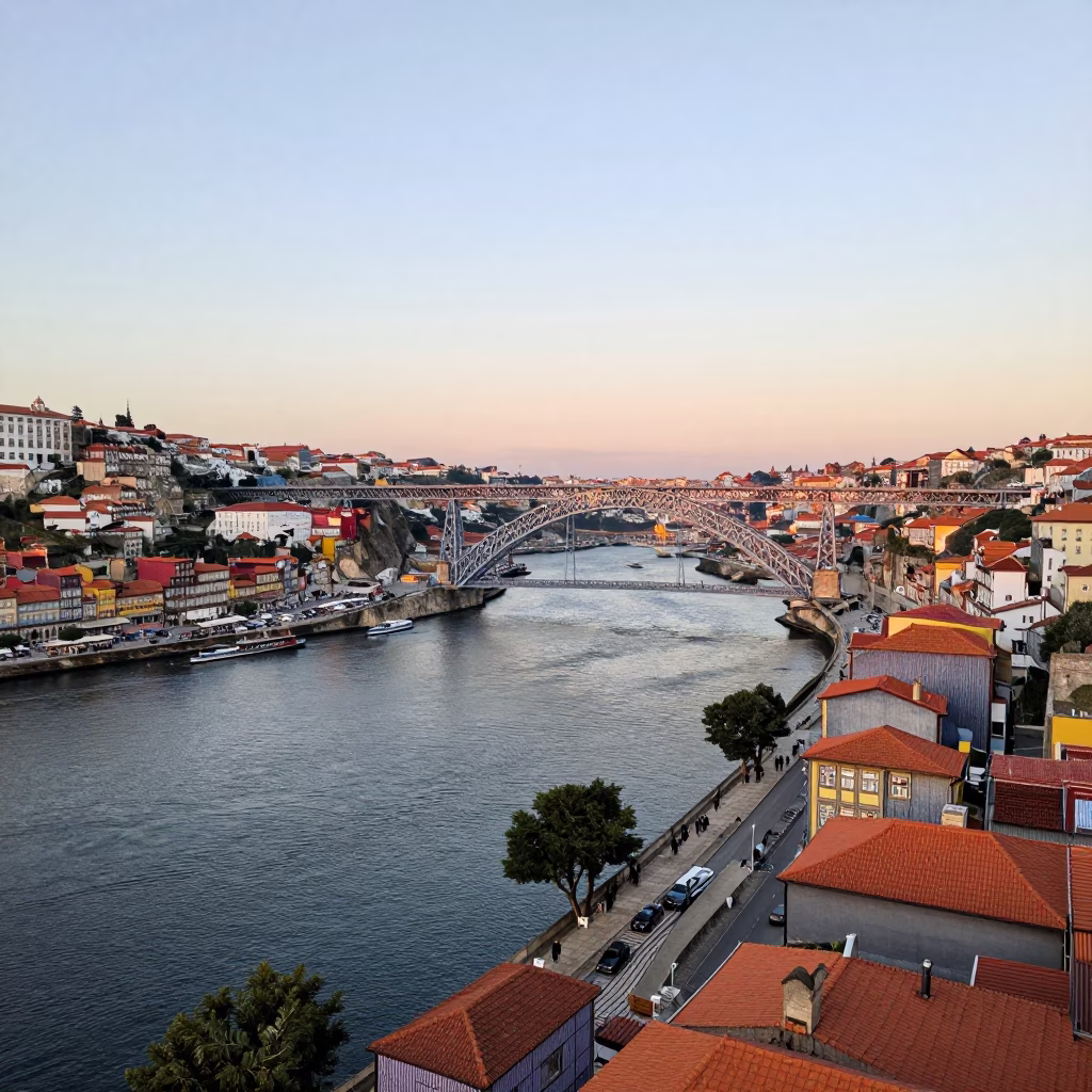 Early Evening View of Douro River and Ribeira District from Porto Portugal Horizon in in Porto, Portugal