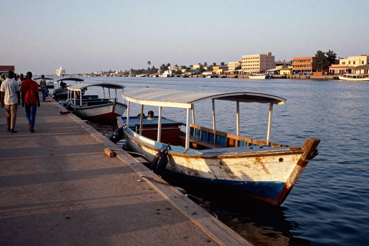 Early Evening Water Taxi Dock Scene in Dakar Senegal with Measuring Tapes in in Dakar, Senegal
