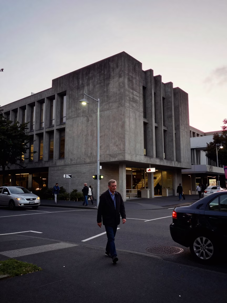 Early Evening Wellington New Zealand Street Scene with Concrete Brutalist University Building in in Wellington, New Zealand
