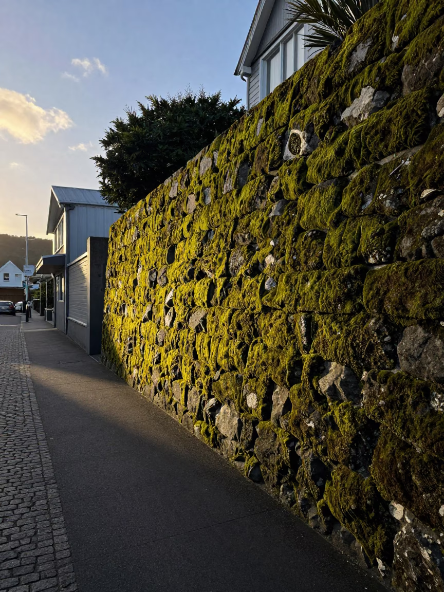 Early Evening Wellington Street Scene with Moss Stone Wall and Urban Life in in Wellington, New Zealand